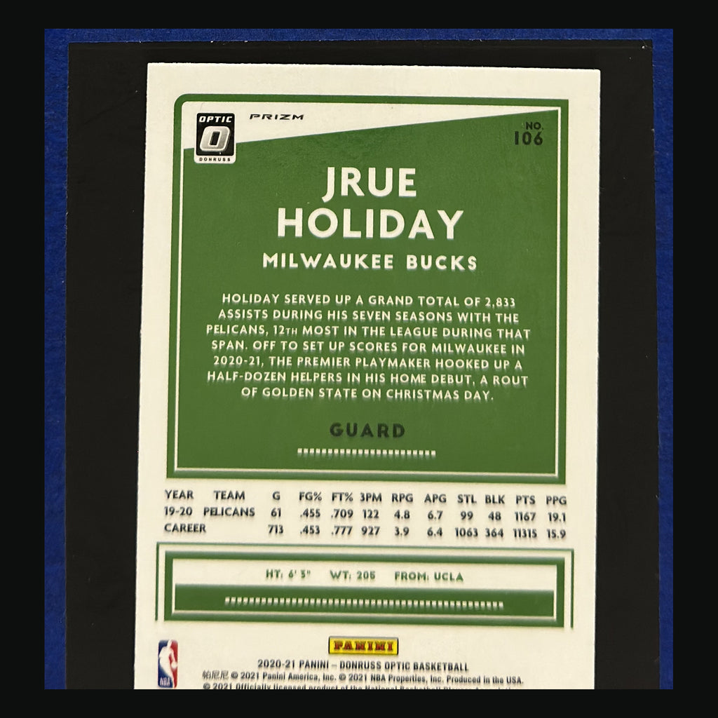 Back of 2020-21 Panini Donruss Optic Silver Holo Prizm Jrue Holiday #106