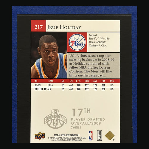 Back of 2009-10 Upper Deck Star Rookies Jrue Holiday RC #217