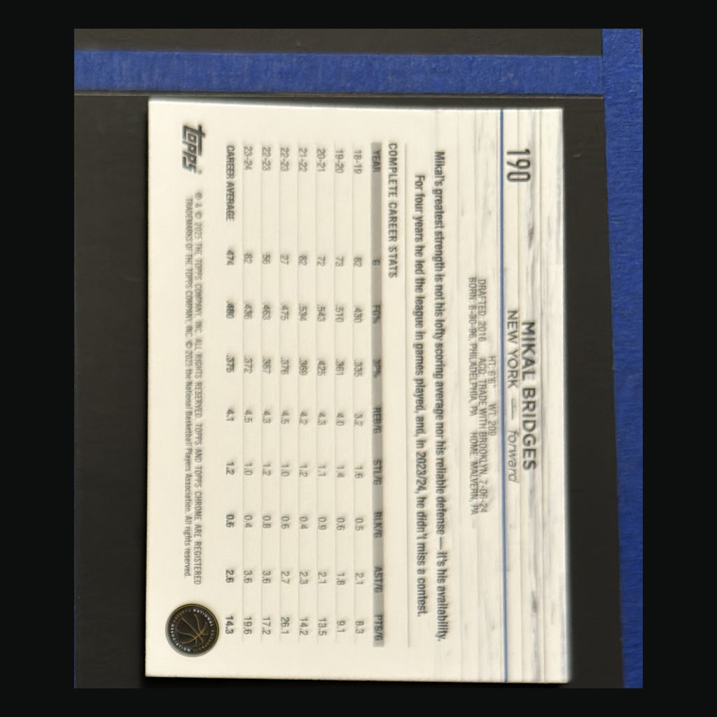Back of 2024-25 Topps Chrome Green Geometric Refractor Mikal Bridges #190