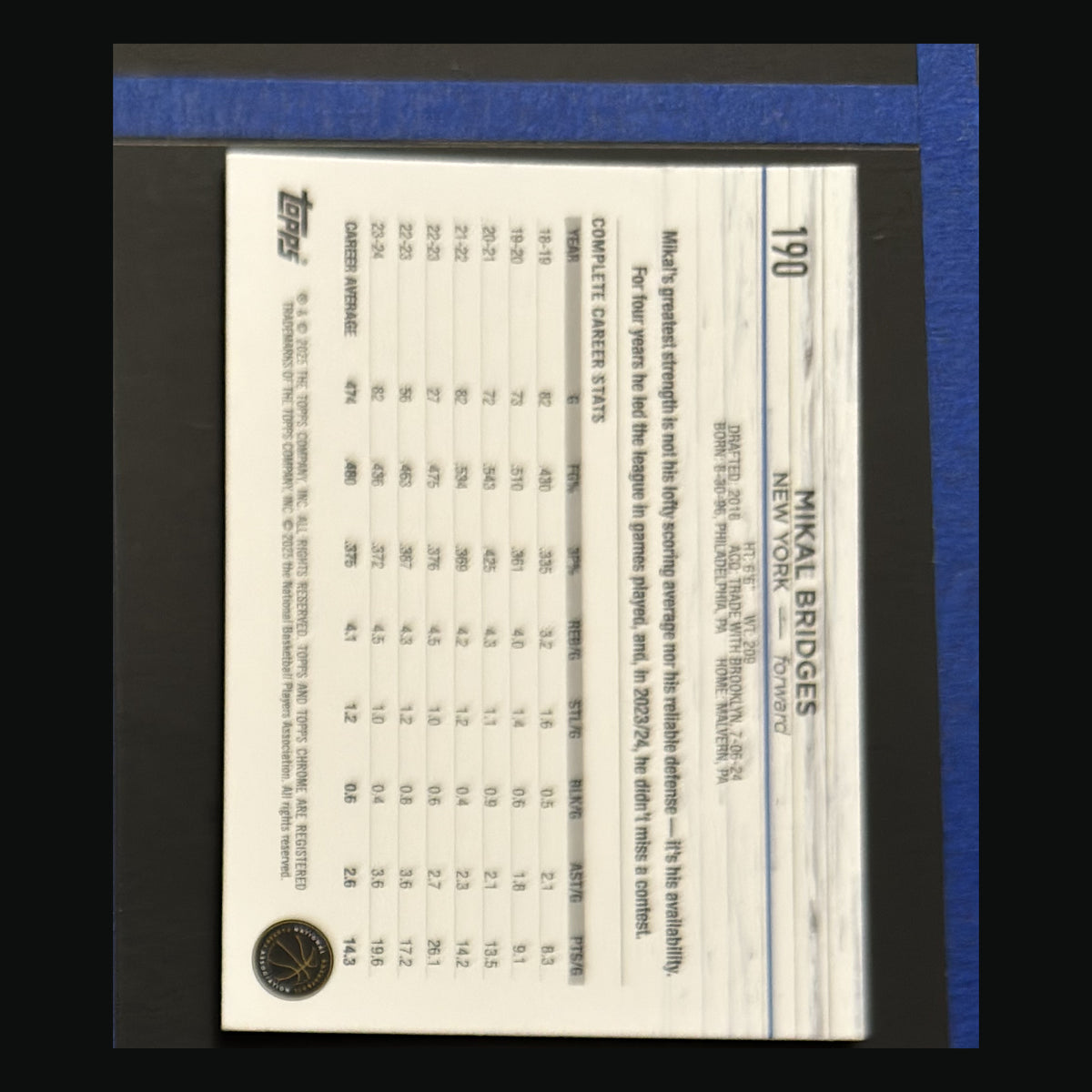 Back of 2024-25 Topps Chrome Green Geometric Refractor Mikal Bridges #190