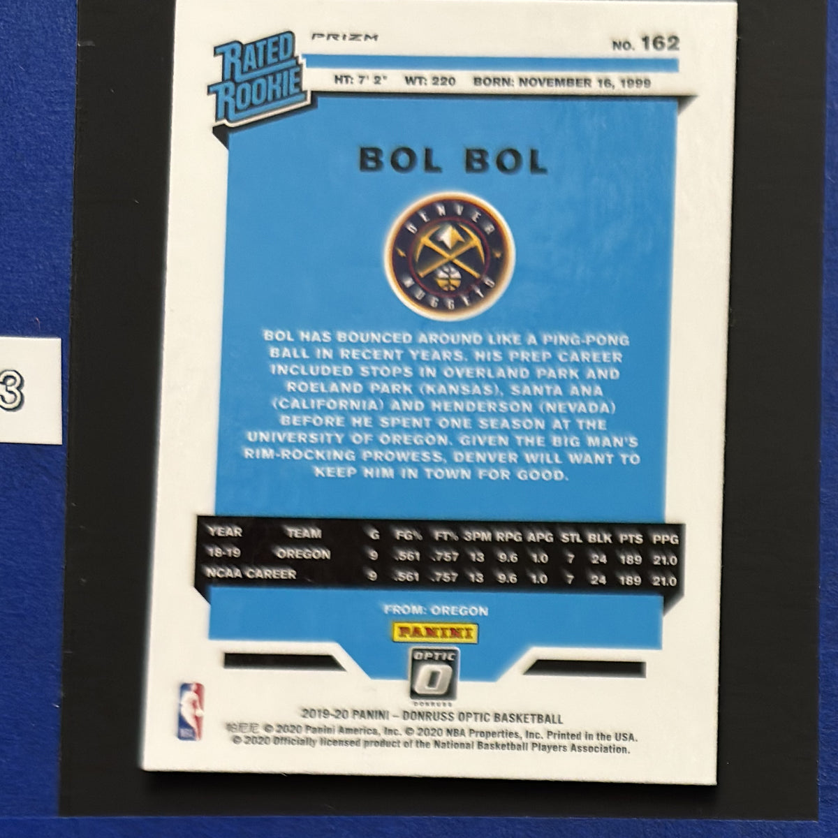 2019-20 Panini Donruss Optic Rated Rookie Blue Velocity Bol Bol RC #162 — back view