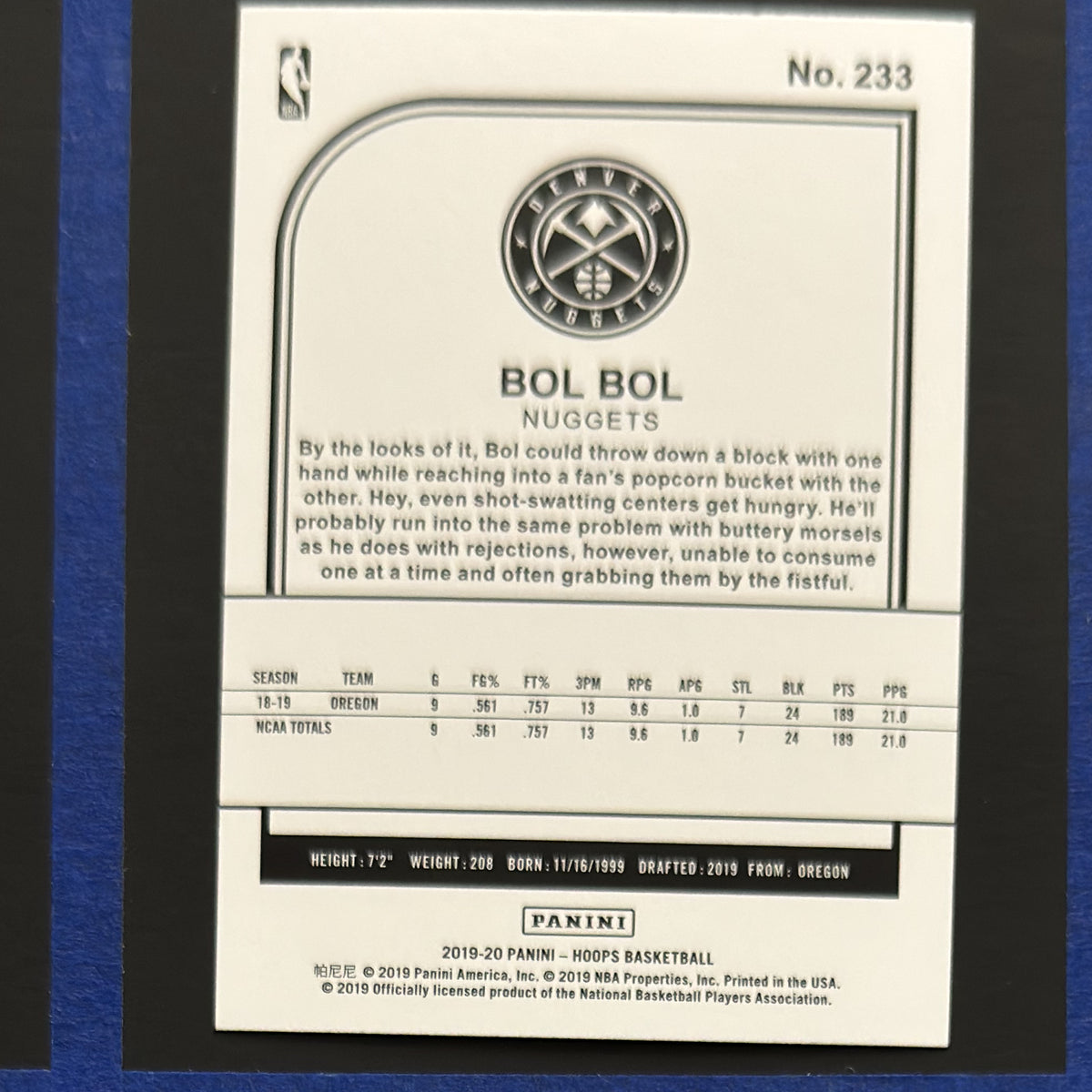 2019-20 Panini NBA Hoops Bol Bol RC #233 — back view