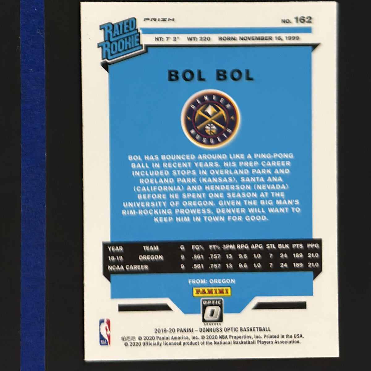 2019-20 Panini Donruss Optic Rated Rookie Hyper Pink Bol Bol RC #162 — back view