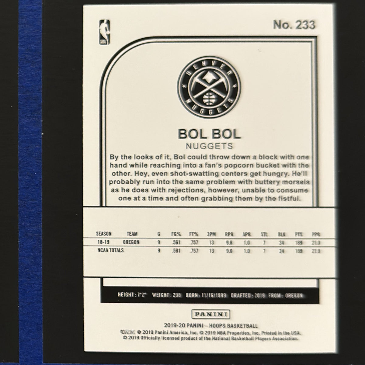 2019-20 Panini NBA Hoops Blue Velocity Bol Bol RC #233 — back view