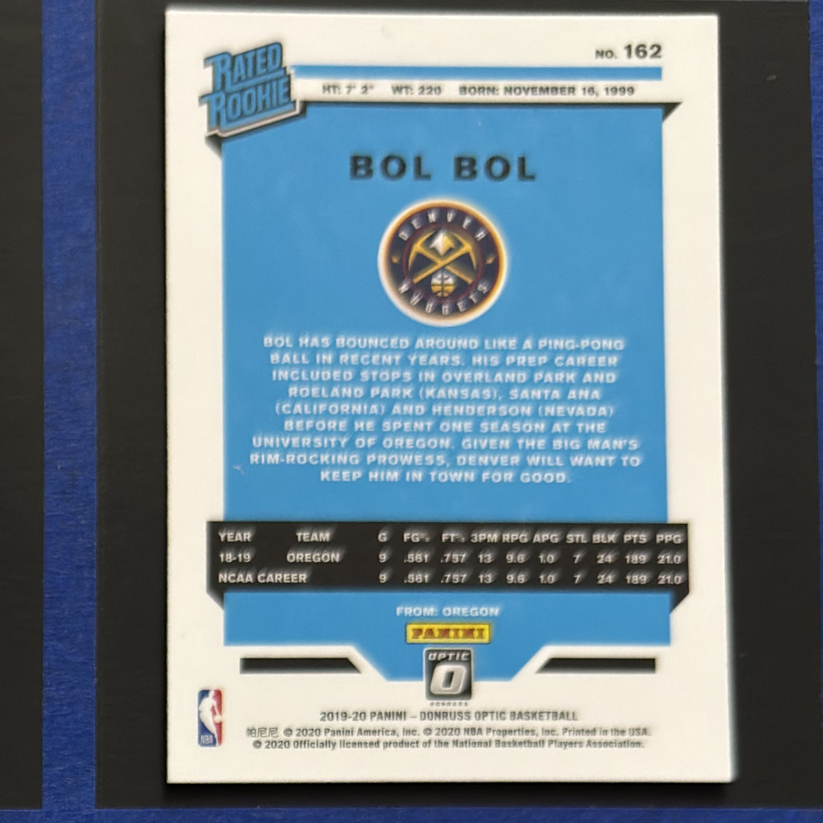 2019-20 Panini Donruss Optic Rated Rookie Bol Bol RC #162 — back view