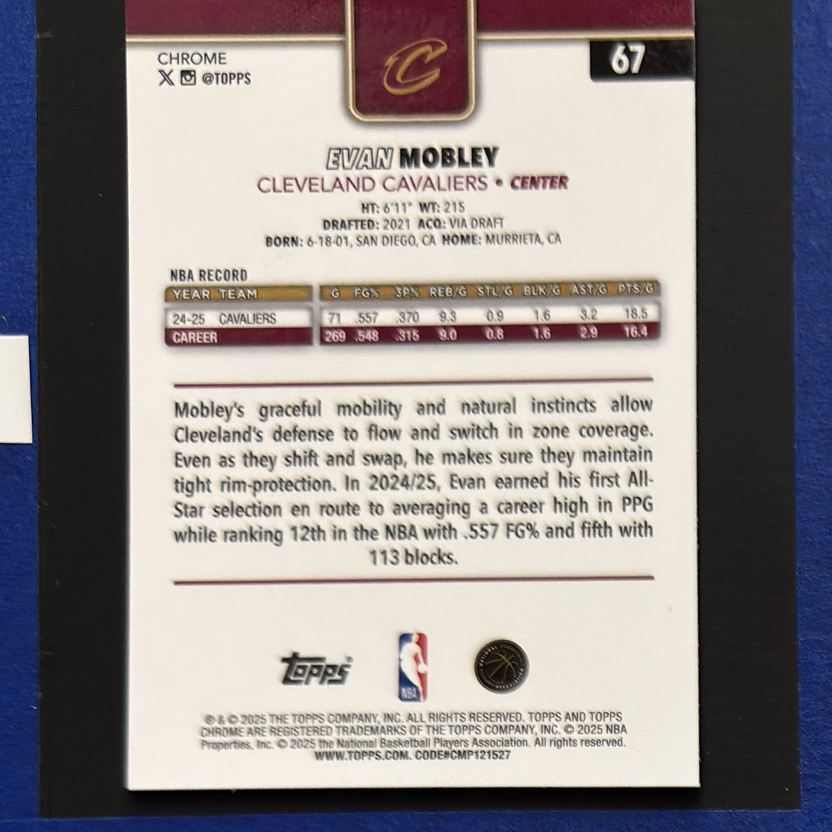 2025-26 Topps Chrome Basketball Red White Blue Evan Mobley #67 — back view