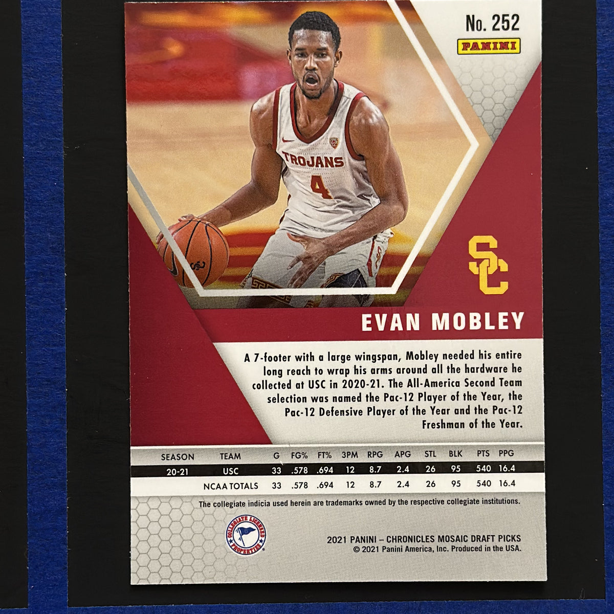 2021 Panini Chronicles Draft Picks Mosaic Evan Mobley RC #252 — back view
