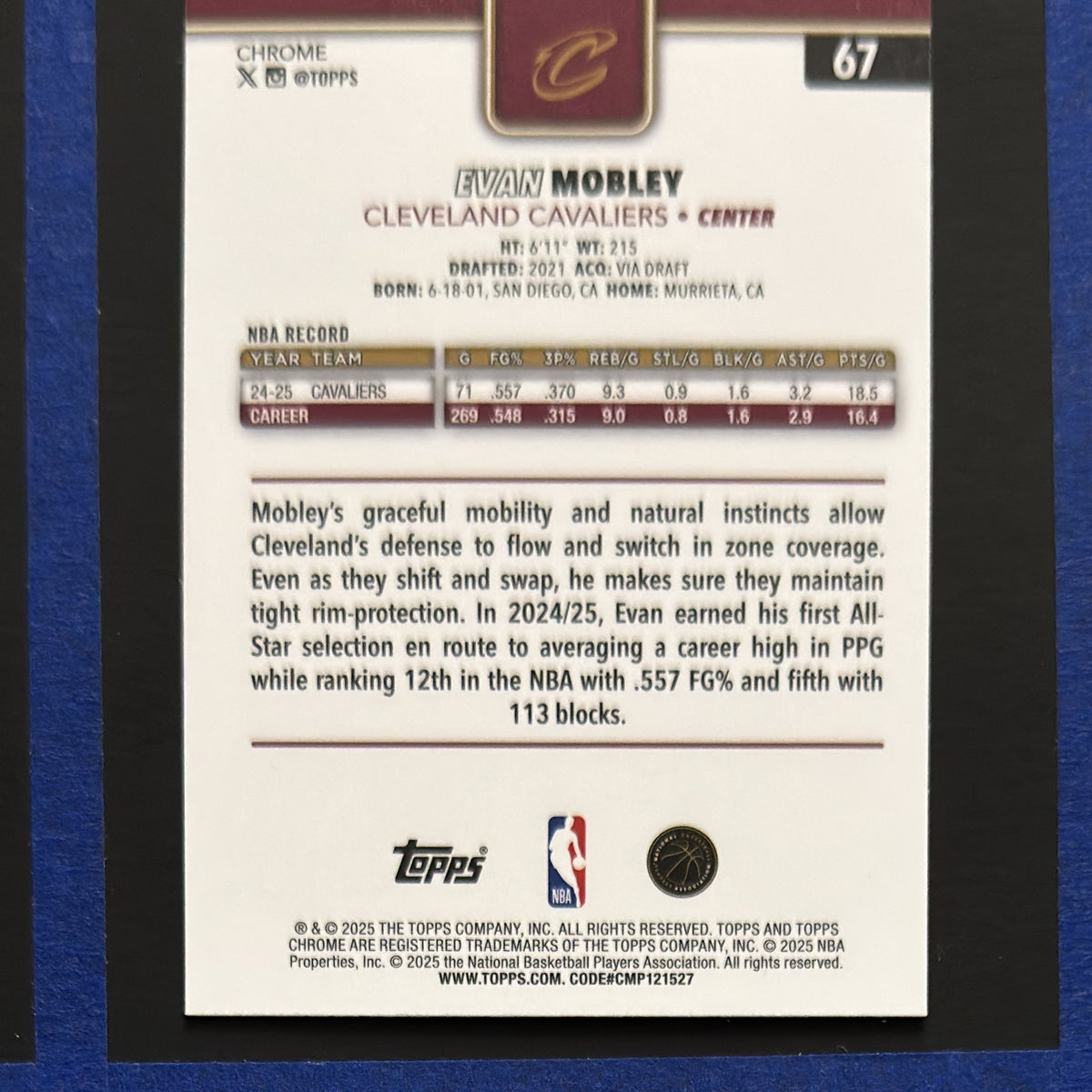 2025-26 Topps Chrome Basketball Ray Wave Refractor Evan Mobley #67 — back view