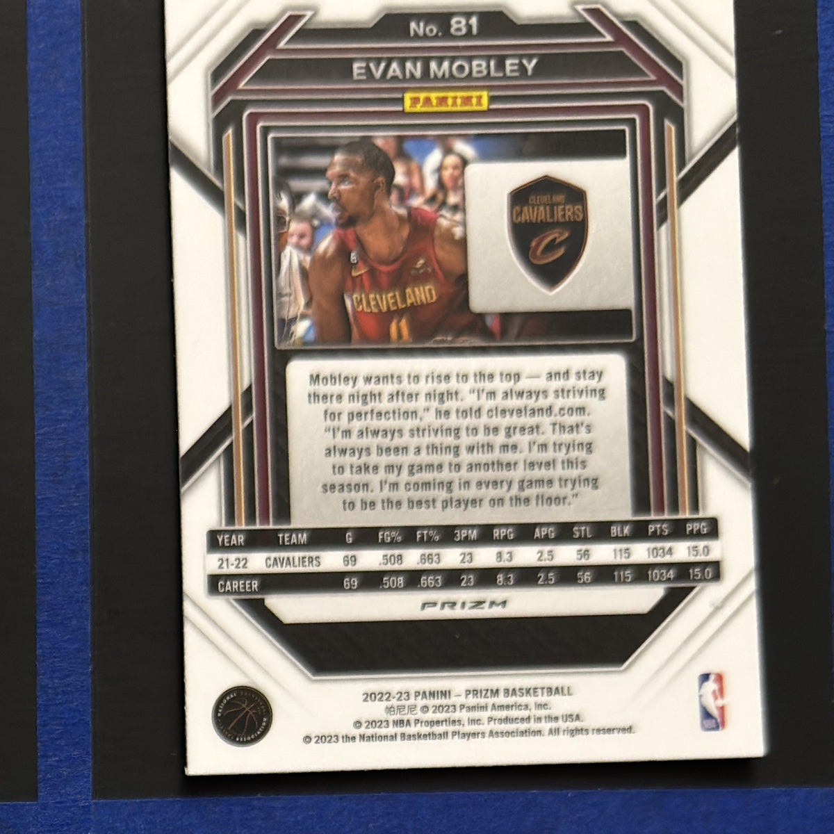 2022-23 Panini Prizm Silver Evan Mobley #81 — back view