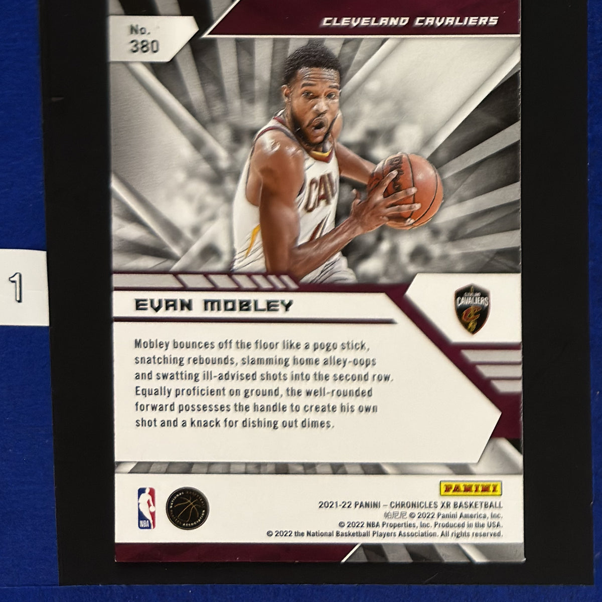 2021-22 Panini Chronicles XR Green Evan Mobley RC #380 — back view