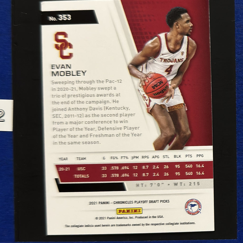 2021-22 Panini Chronicles Draft Picks Playoff Evan Mobley RC #353 — back view