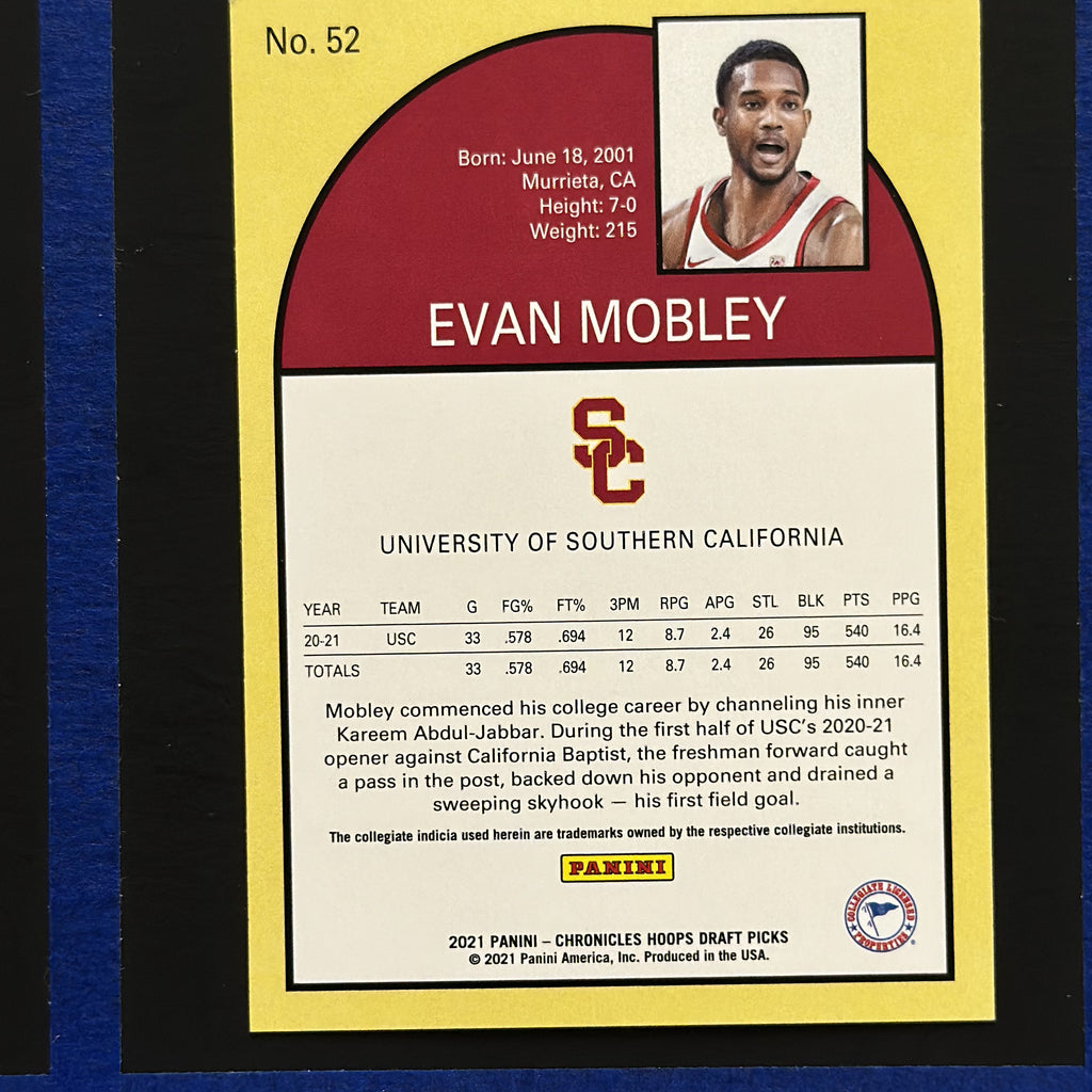 2021-22 Panini Chronicles Draft Picks Hoops Retro Evan Mobley RC #52 — back view