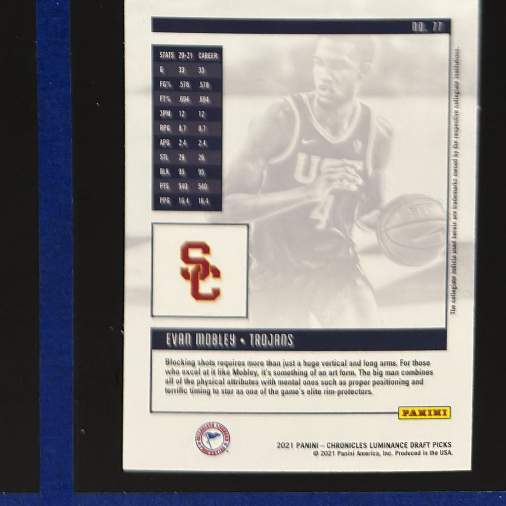 2021-22 Panini Chronicles Draft Picks Luminance Evan Mobley RC #77 — back view