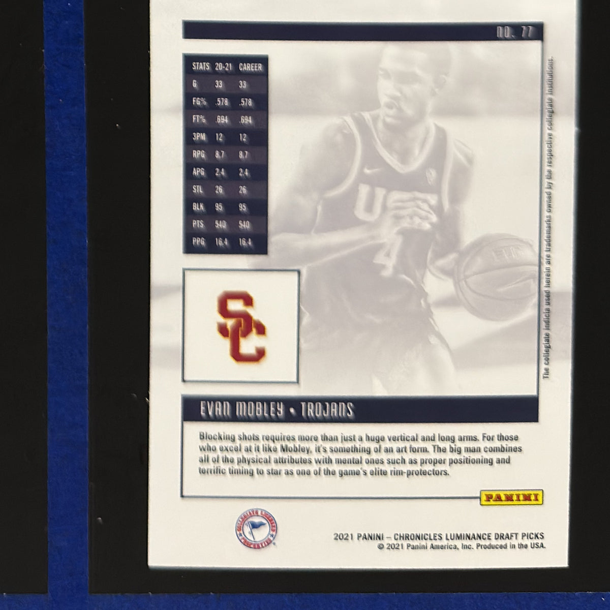 2021-22 Panini Chronicles Draft Picks Luminance Evan Mobley RC #77 — back view