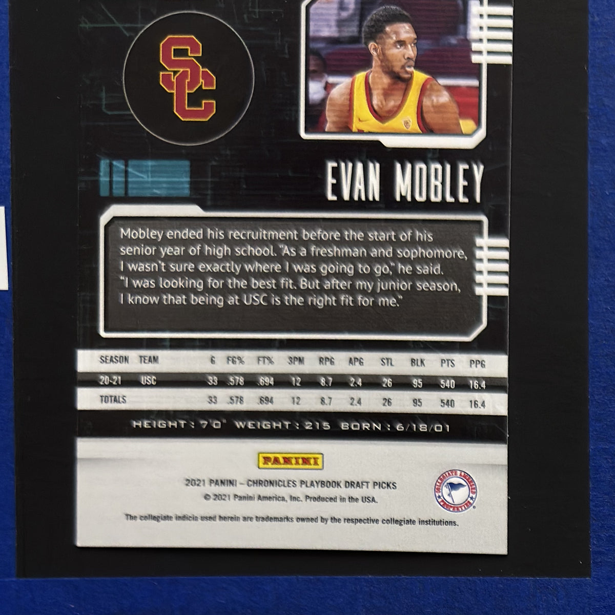 2021-22 Panini Chronicles Draft Picks Playbook Evan Mobley RC #319 — back view