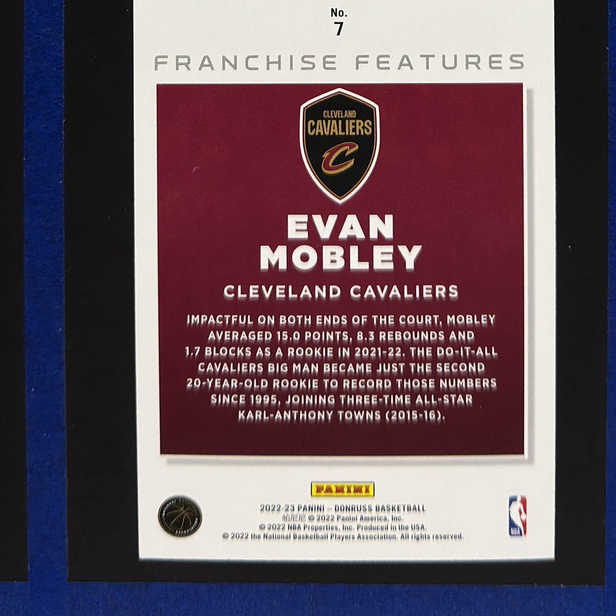 2021-22 Panini Donruss Franchise Features Evan Mobley RC #7 — back view