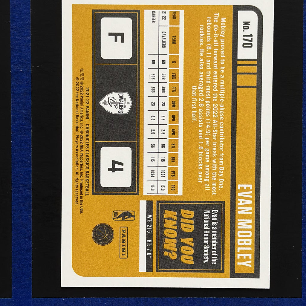 2021-22 Panini Chronicles Classics Evan Mobley RC #170 — back view