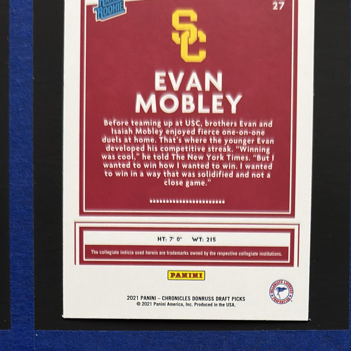 2021-22 Panini Chronicles Draft Picks Donruss Rated Rookies Evan Mobley RC #27 — back view