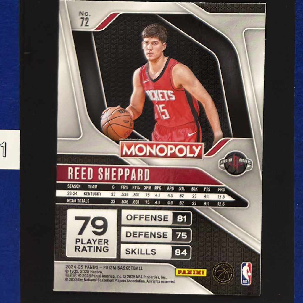2024-25 Panini Prizm Monopoly Reed Sheppard RC #72 — back view