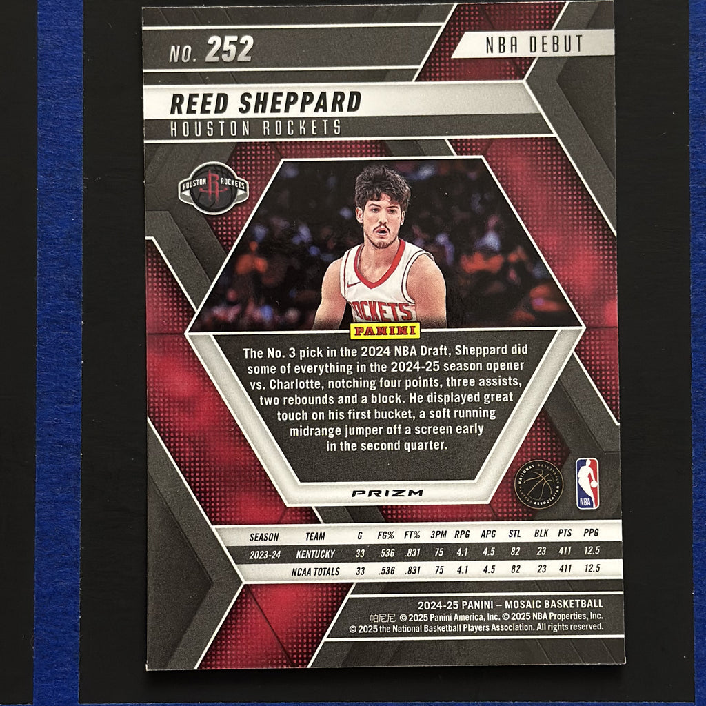 2024-25 Panini Mosaic NBA Debut Green Mosaic Reed Sheppard RC #252 — back view