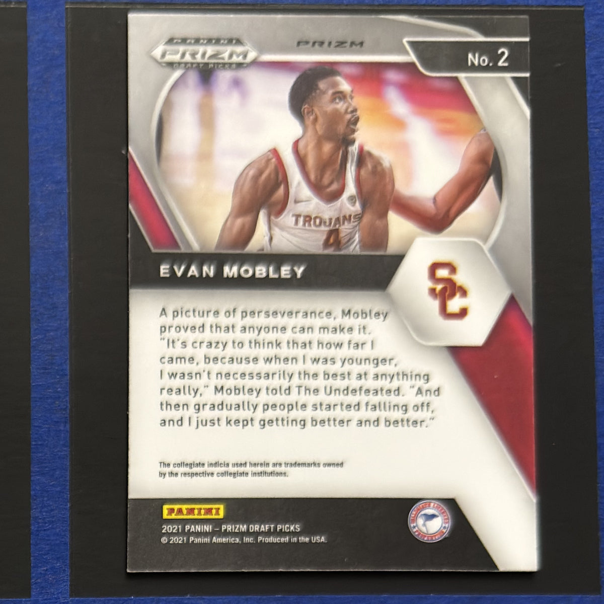 2021-22 Panini Prizm Draft Picks Orange Cracked Ice Evan Mobley RC #2 — back view