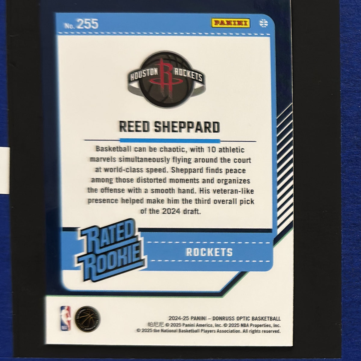 2024-25 Panini Donruss Optic Rated Rookie Reed Sheppard RC #255 — back view