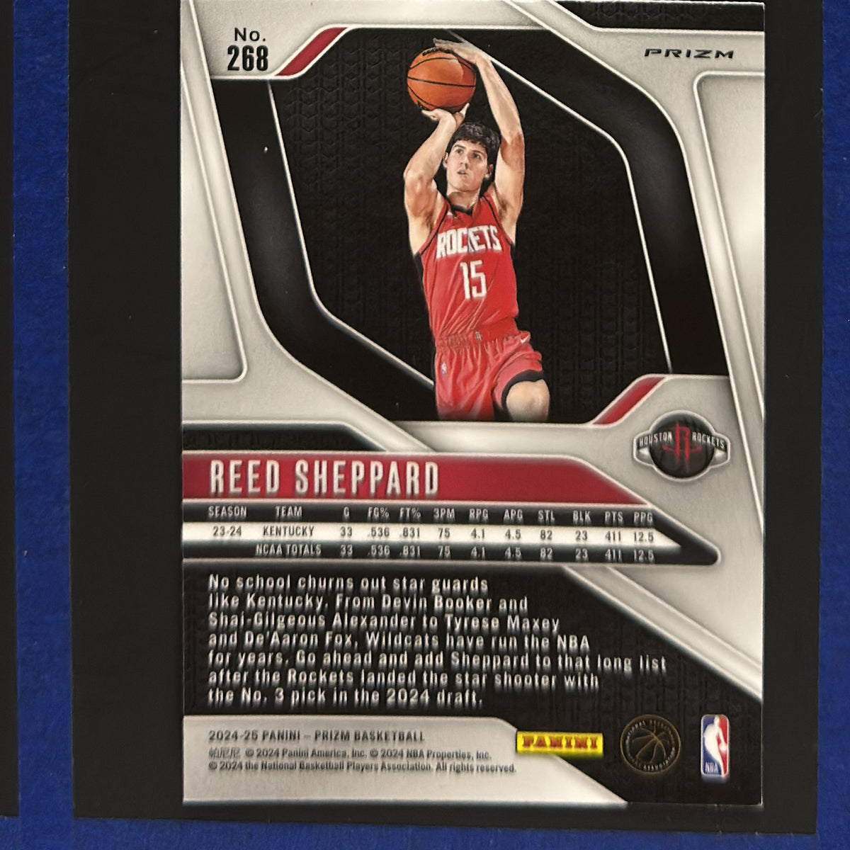2024-25 Panini Prizm Red Cracked Ice Reed Sheppard RC #268 — back view