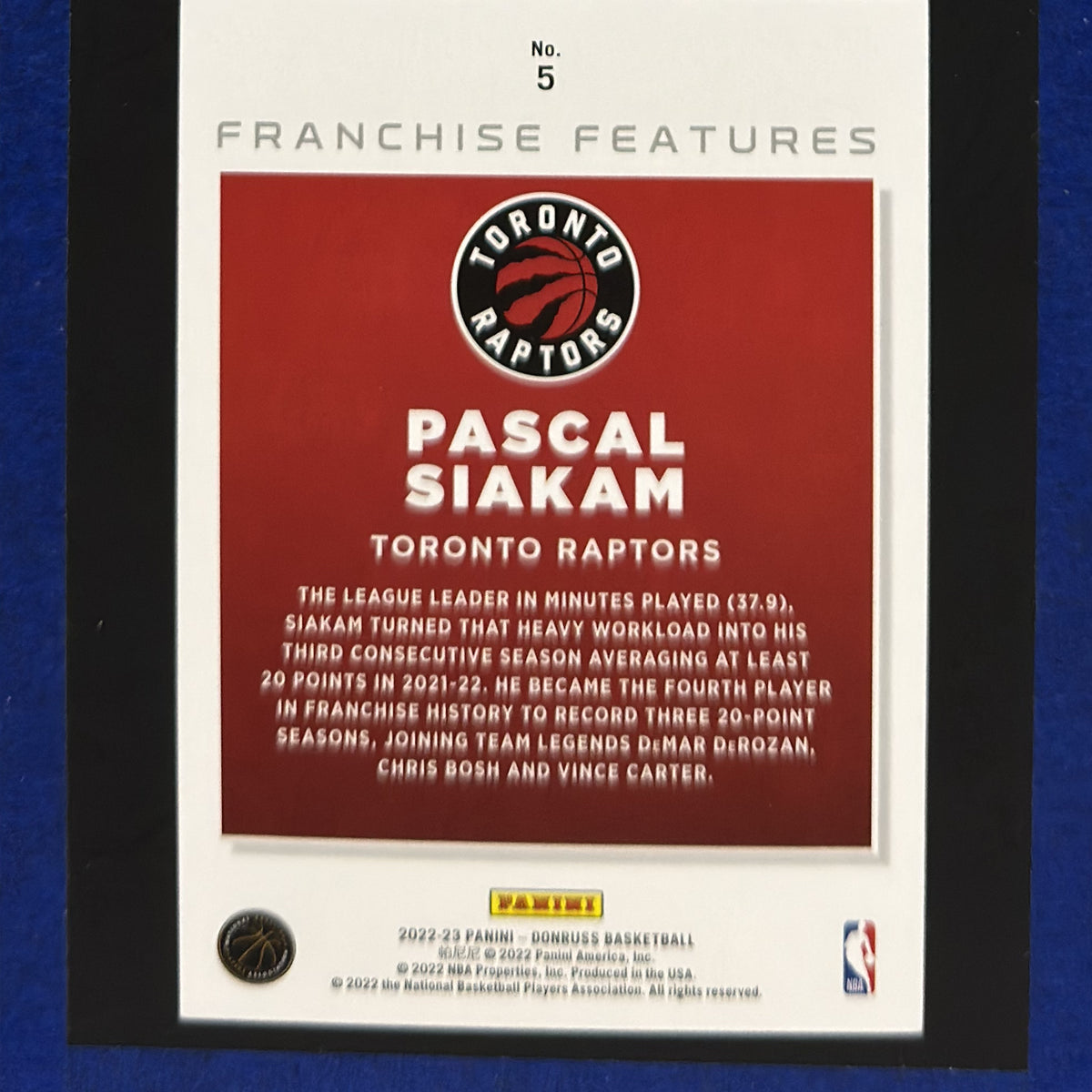 2022-23 Panini Donruss Franchise Features Pascal Siakam #5 — back view