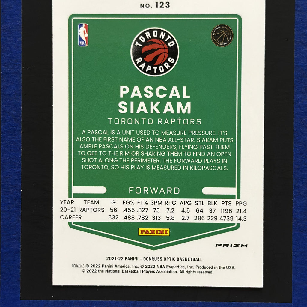 2021-22 Panini Donruss Optic Purple Pascal Siakam #123 — back view