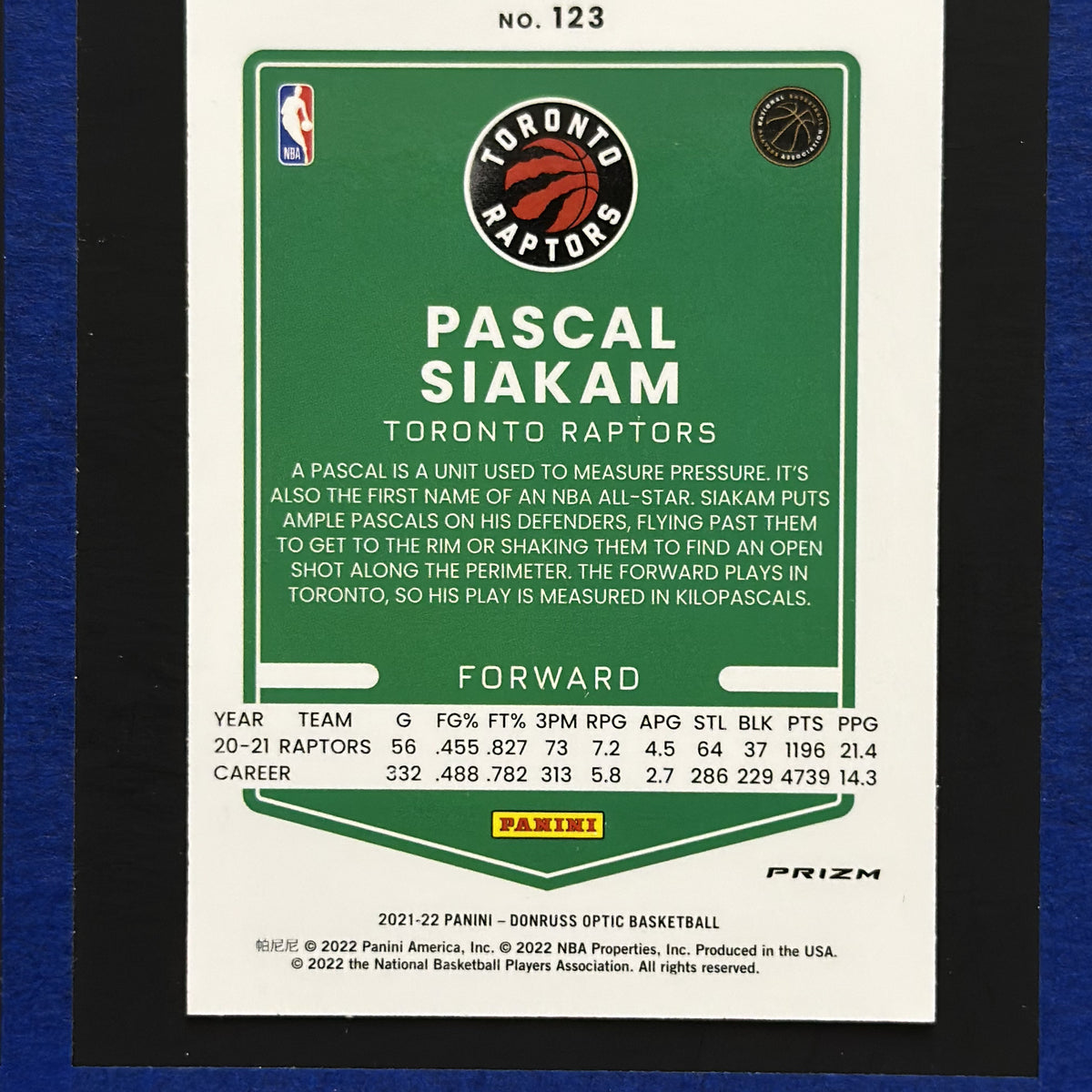2021-22 Panini Donruss Optic Purple Pascal Siakam #123 — back view