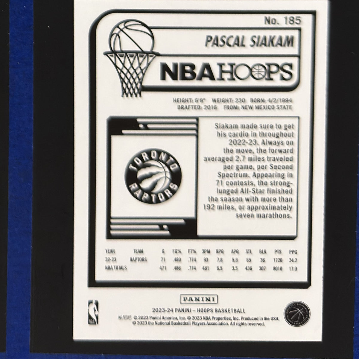 2023-24 Panini NBA Hoops Blue Pascal Siakam #185 — back view