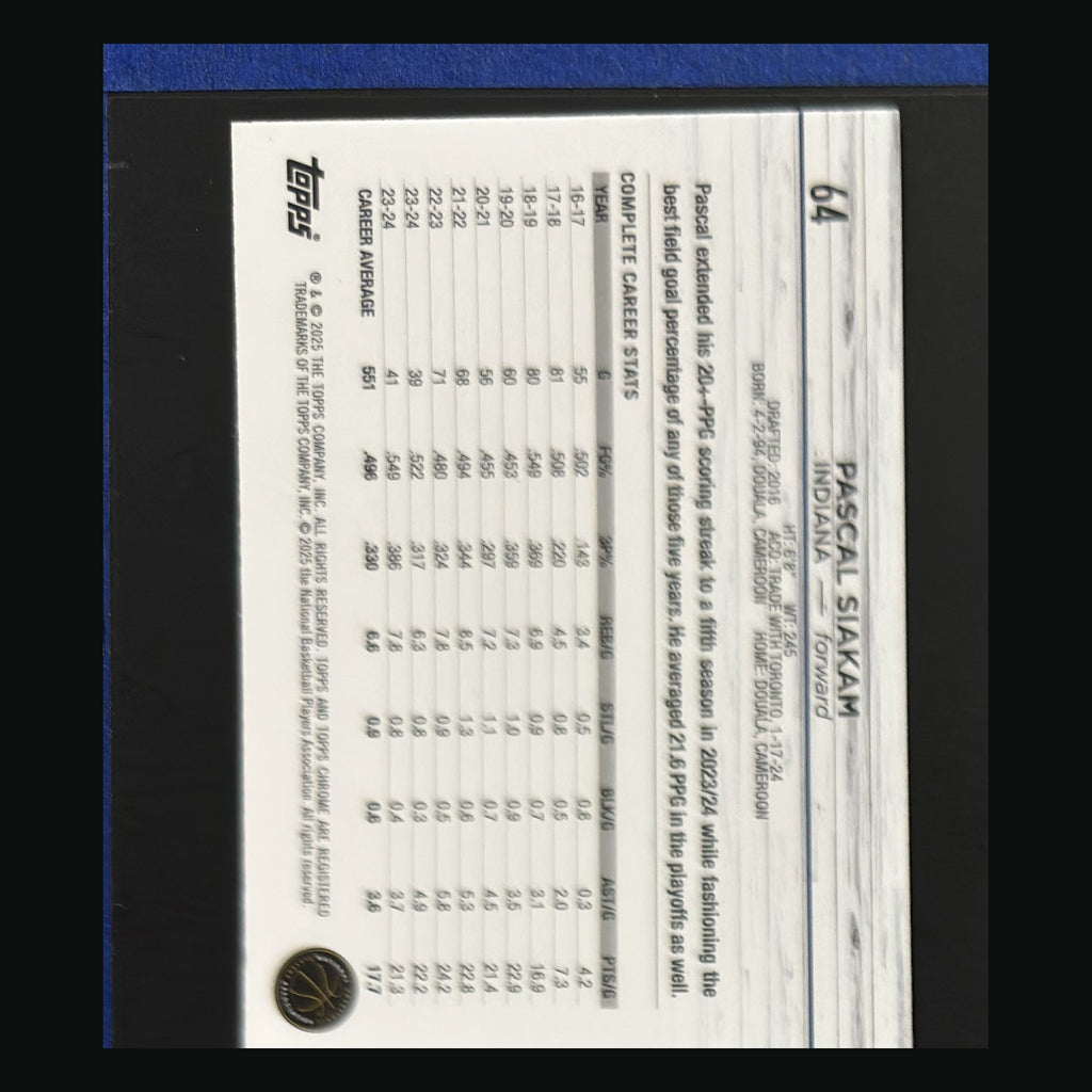 2024-25 Topps Chrome Blue Basketball Refractor Pascal Siakam #64 — back image
