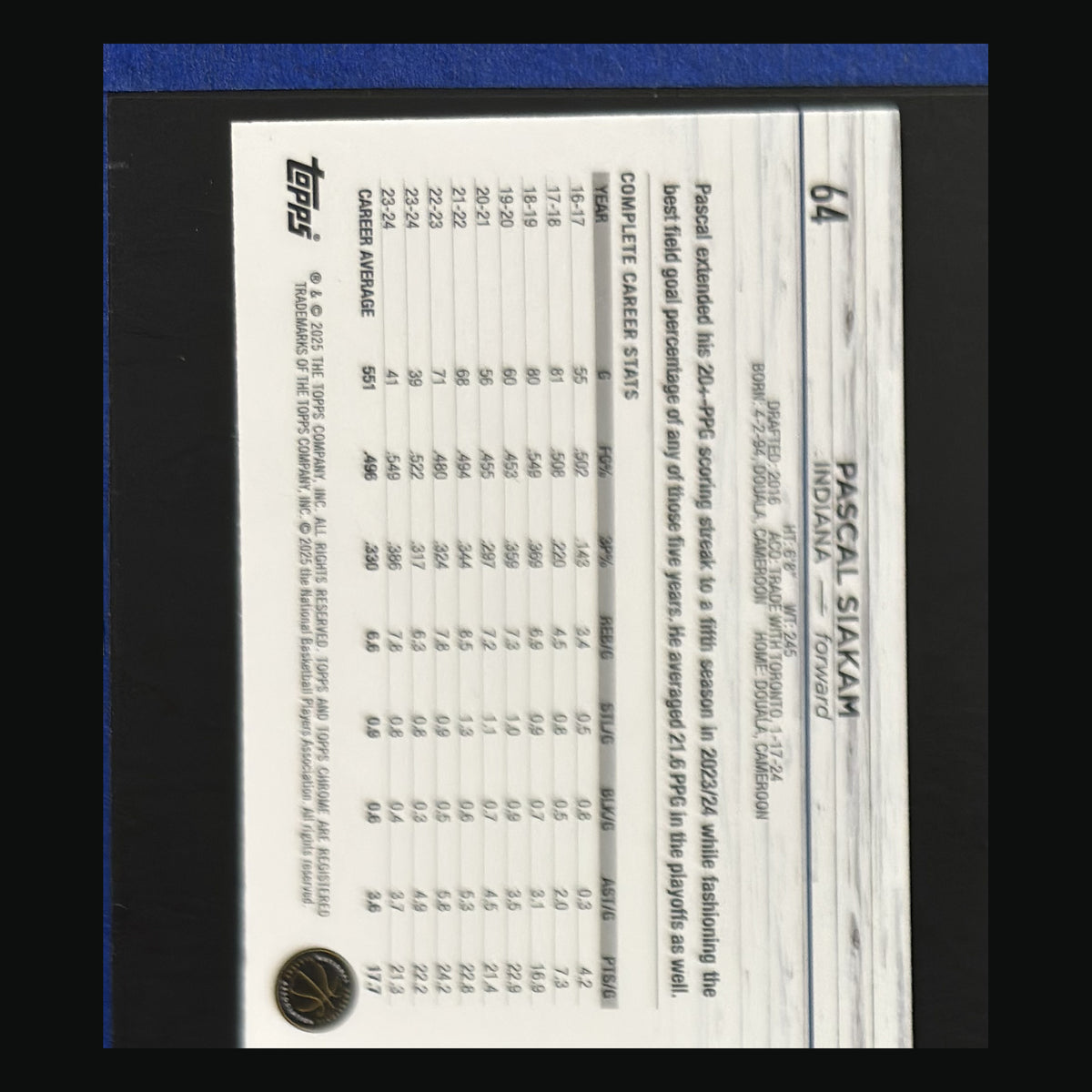 2024-25 Topps Chrome Blue Basketball Refractor Pascal Siakam #64 — back image
