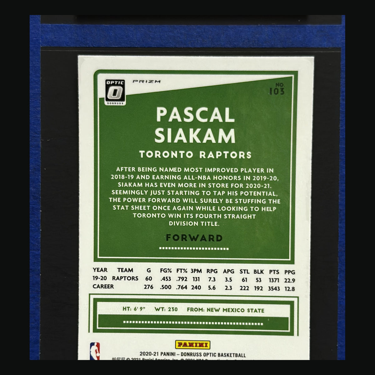 2020-21 Panini Donruss Optic Blue Velocity Prizm Pascal Siakam #103 — back image