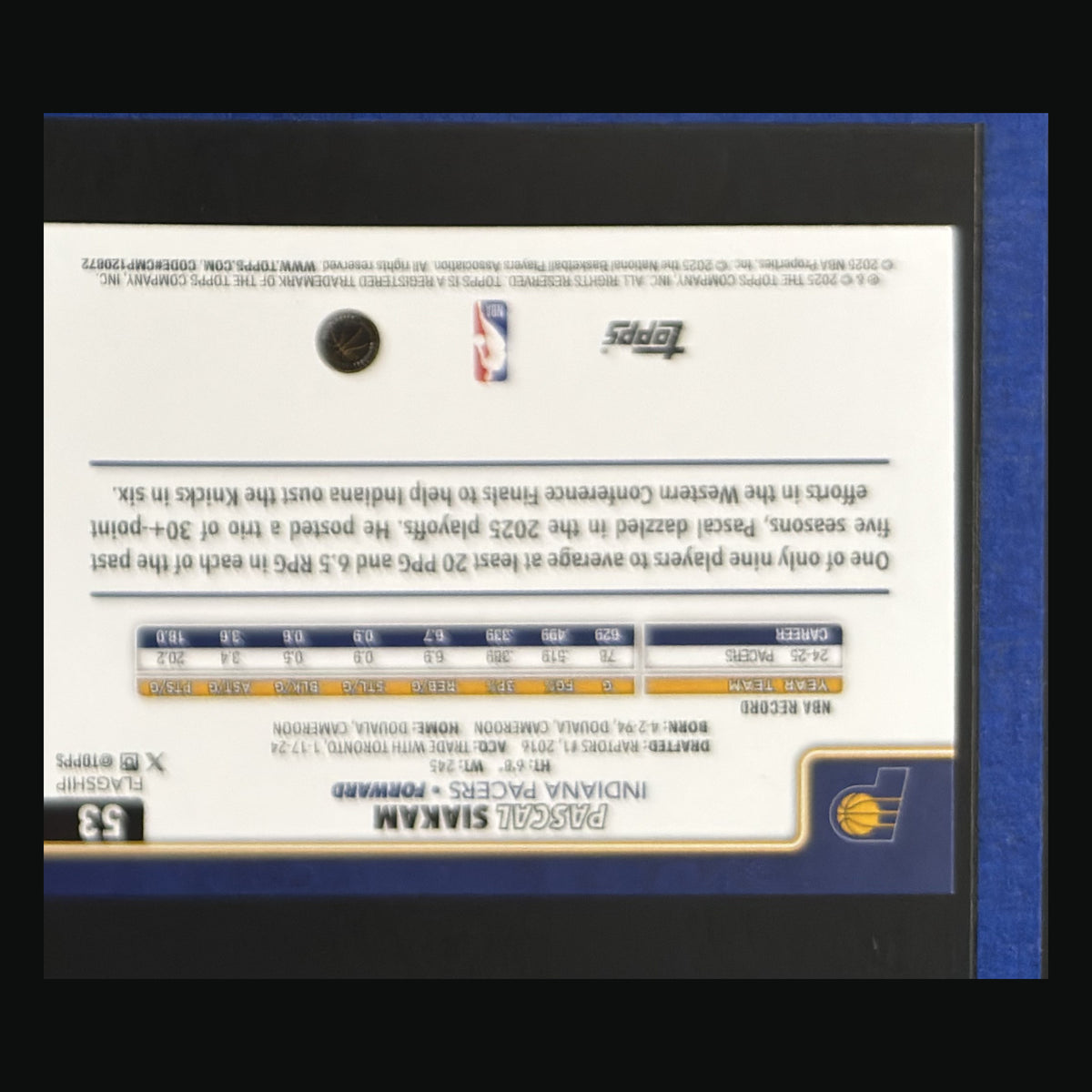 2025-26 Topps Team Color Border Variation Pascal Siakam #53 — back view