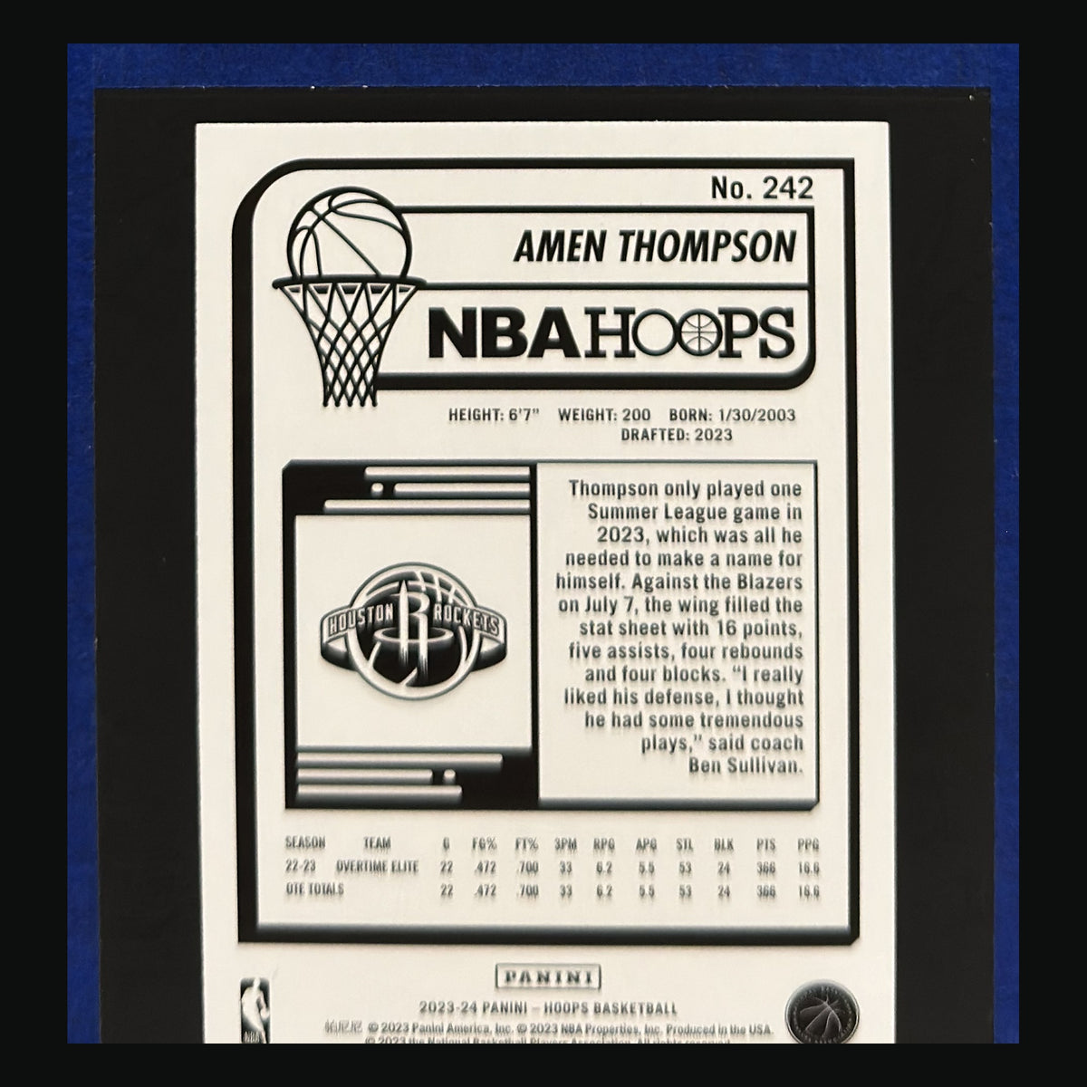 2023-24 Panini NBA Hoops Amen Thompson Rookie Card #242 — back view
