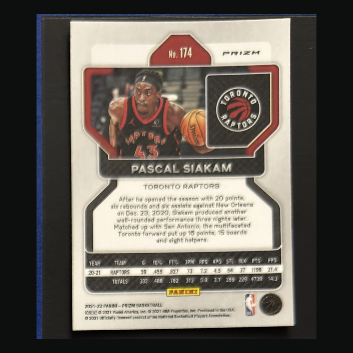 2021-22 Panini Prizm Ice Prizm Pascal Siakam #174 — back view