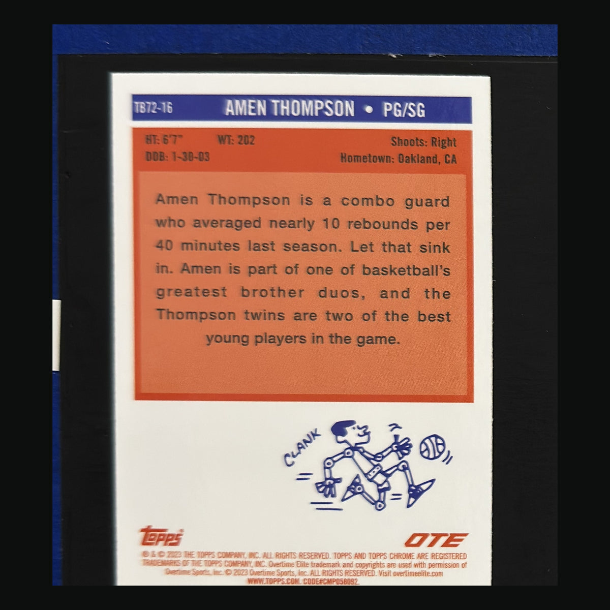 2022-23 Topps Chrome Overtime Elite 1972 Topps Basketball Amen Thompson #TB72-16 — back view