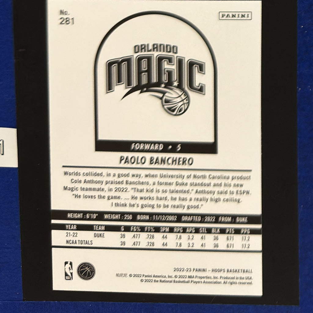 2022-23 Panini NBA Hoops Tribute Winter Paolo Banchero RC #281 — back view