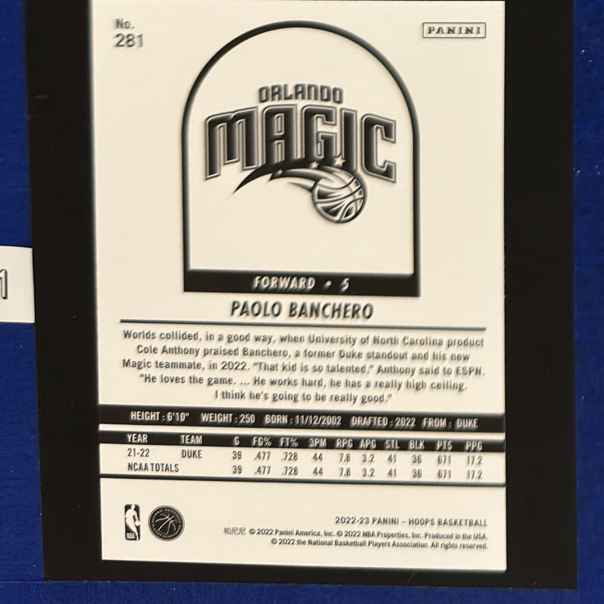 2022-23 Panini NBA Hoops Tribute Winter Paolo Banchero RC #281 — back view