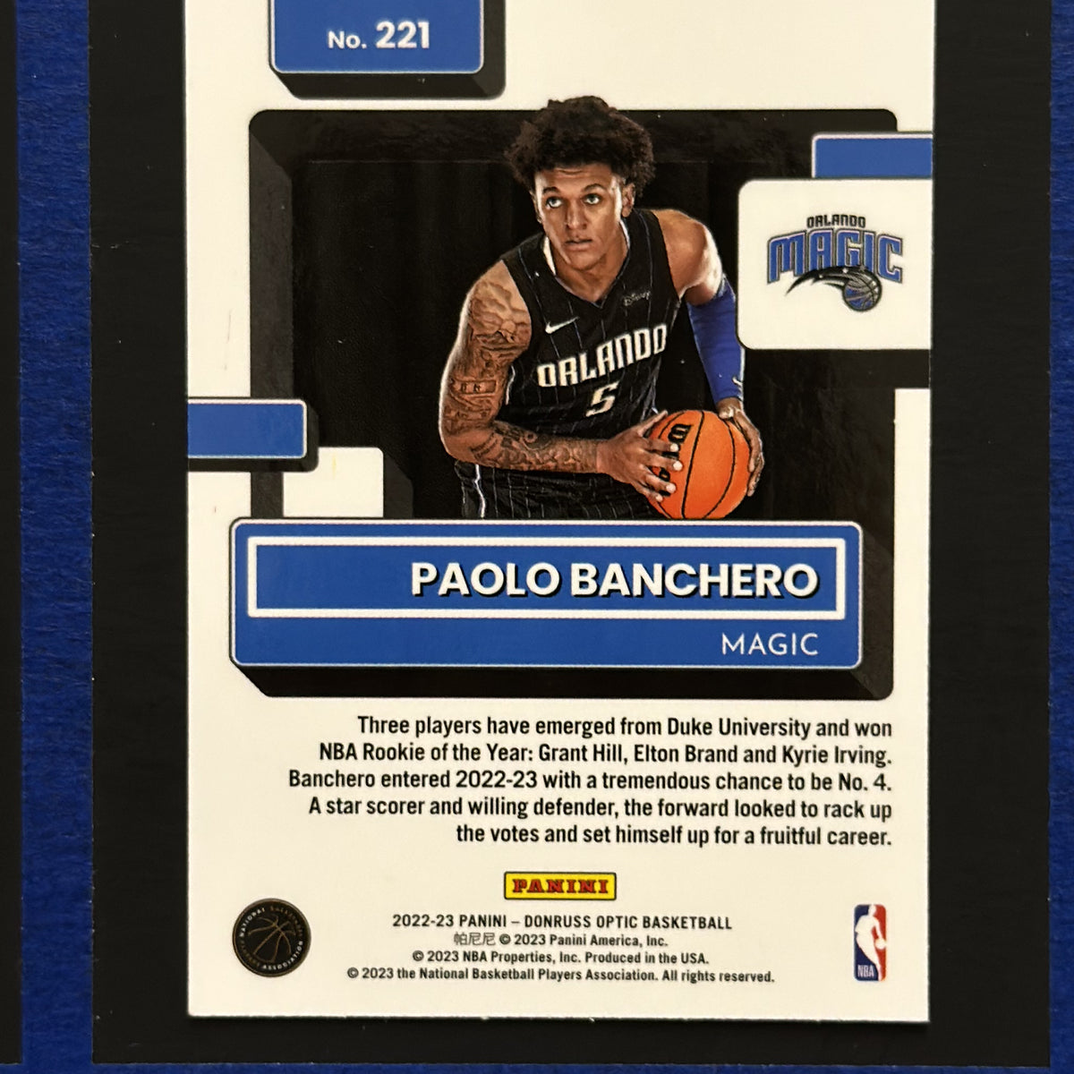 2022-23 Panini Donruss Optic Rated Rookie Paolo Banchero RC #221 — back view
