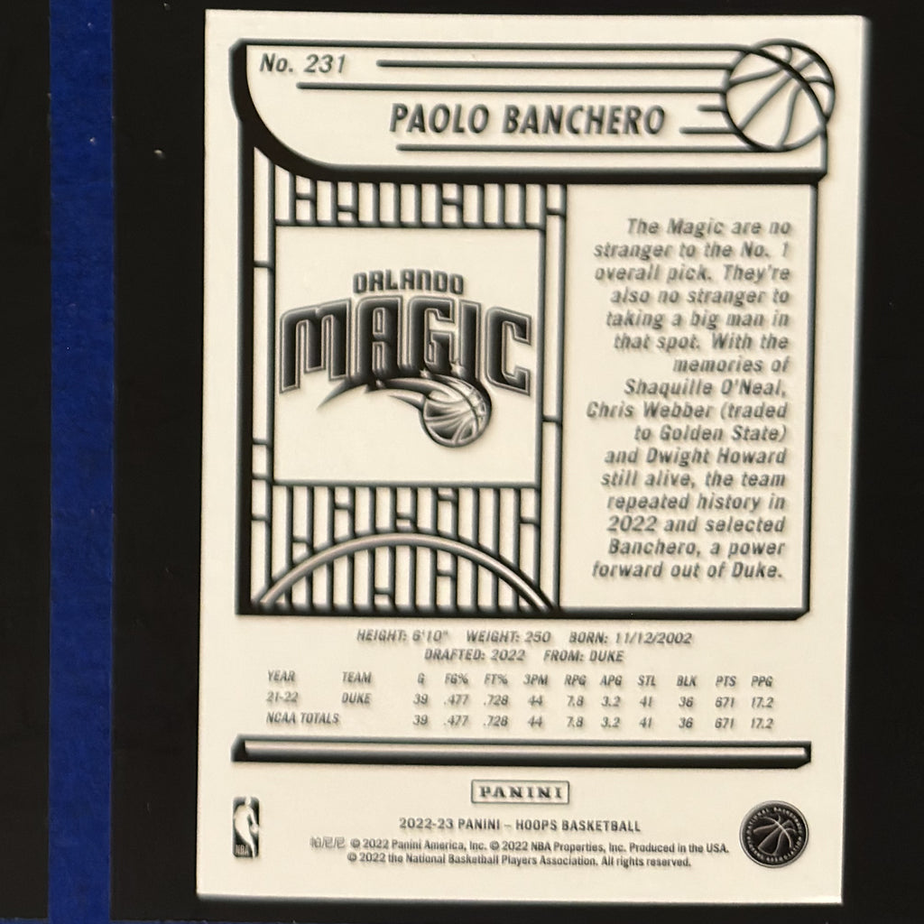 2022-23 Panini NBA Hoops Winter Paolo Banchero RC #231 — back view