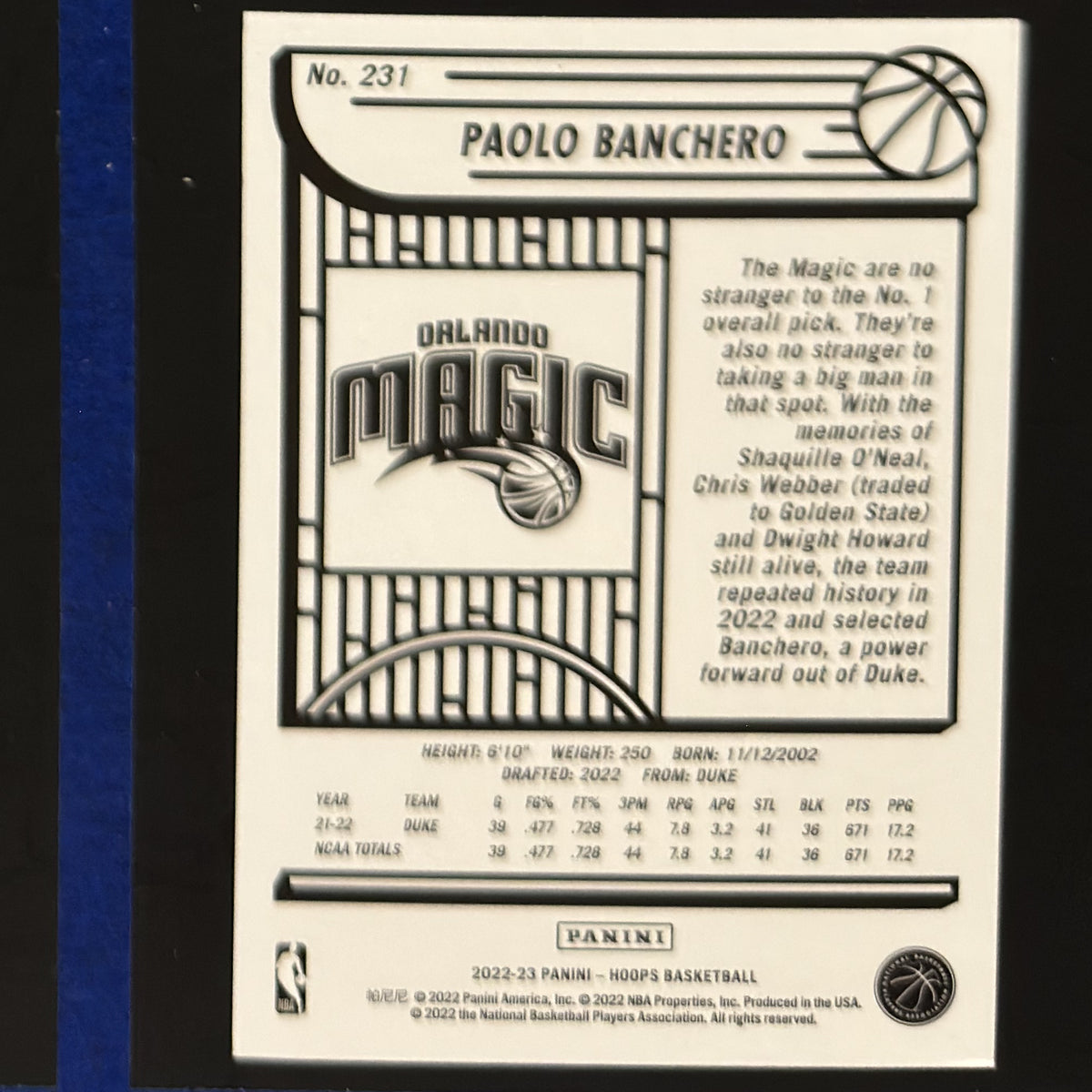 2022-23 Panini NBA Hoops Winter Paolo Banchero RC #231 — back view