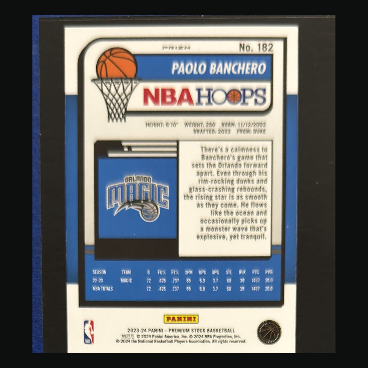 2023-24 Panini NBA Hoops Premium Stock Silver Prizm Paolo Banchero #182 — back view