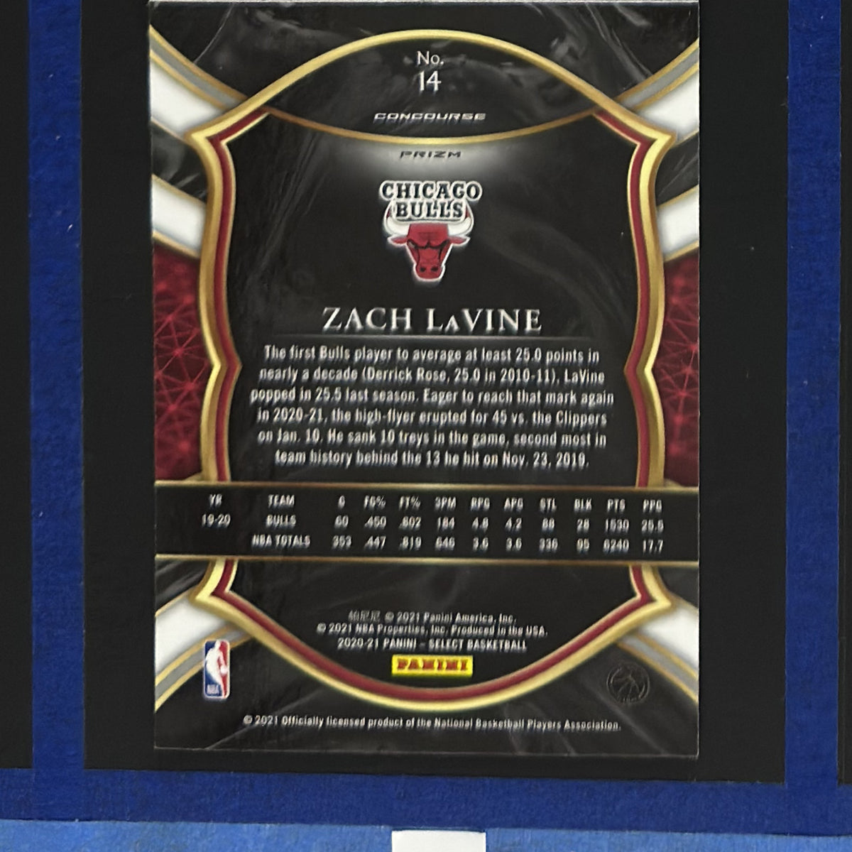2020-21 Panini Select Concourse Blue White Purple Cracked Ice Zach LaVine #14 — back view