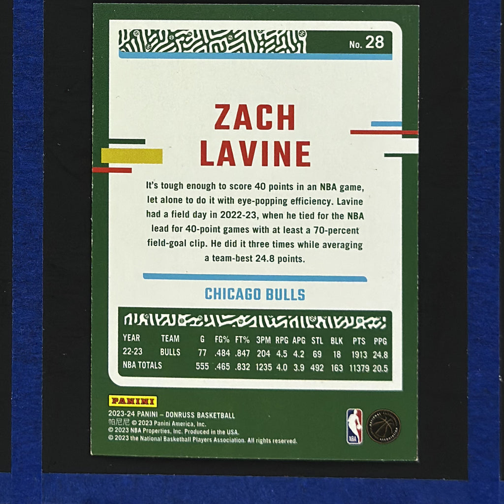 2023-24 Panini Donruss Holo Green Laser Zach LaVine #28 — back view