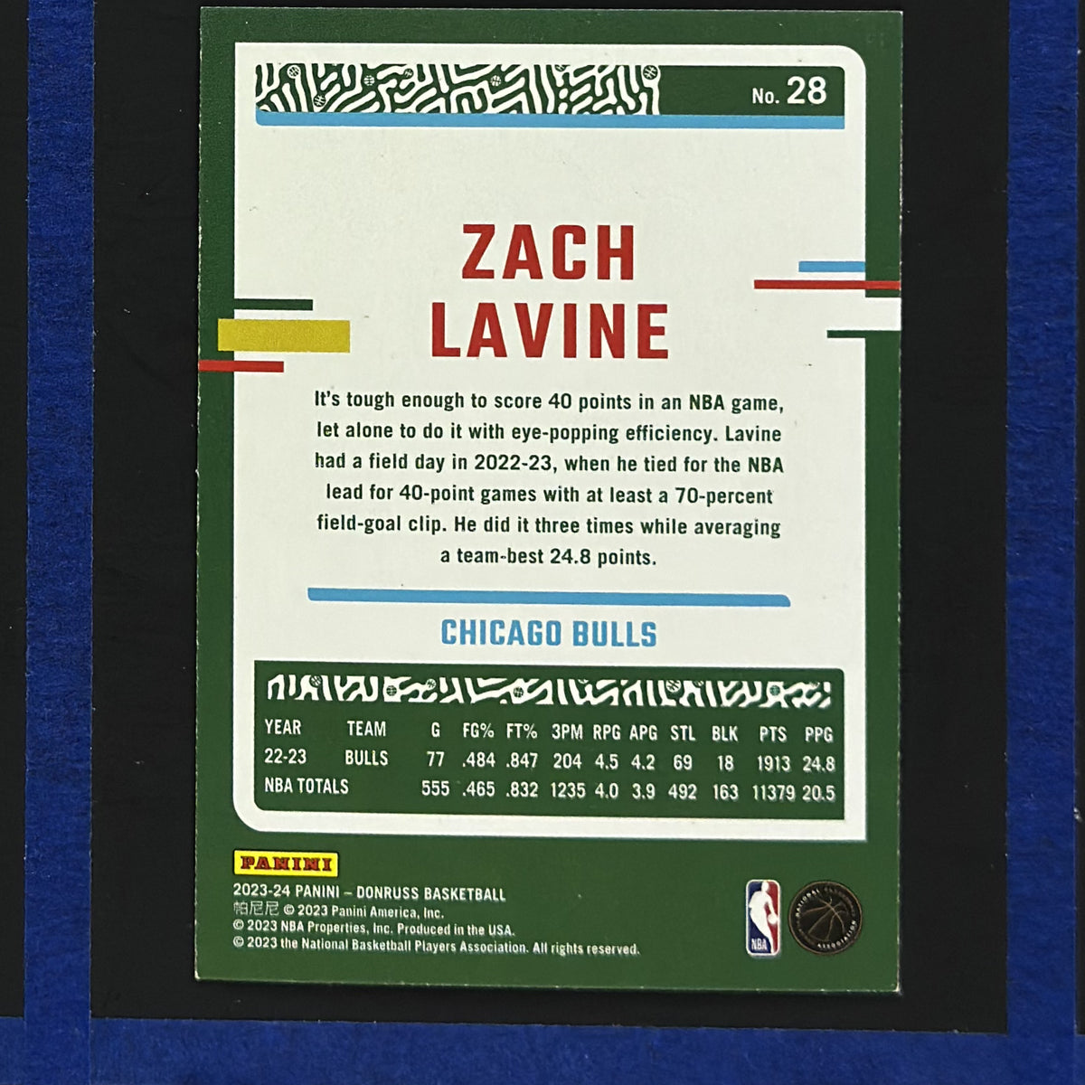 2023-24 Panini Donruss Holo Green Laser Zach LaVine #28 — back view