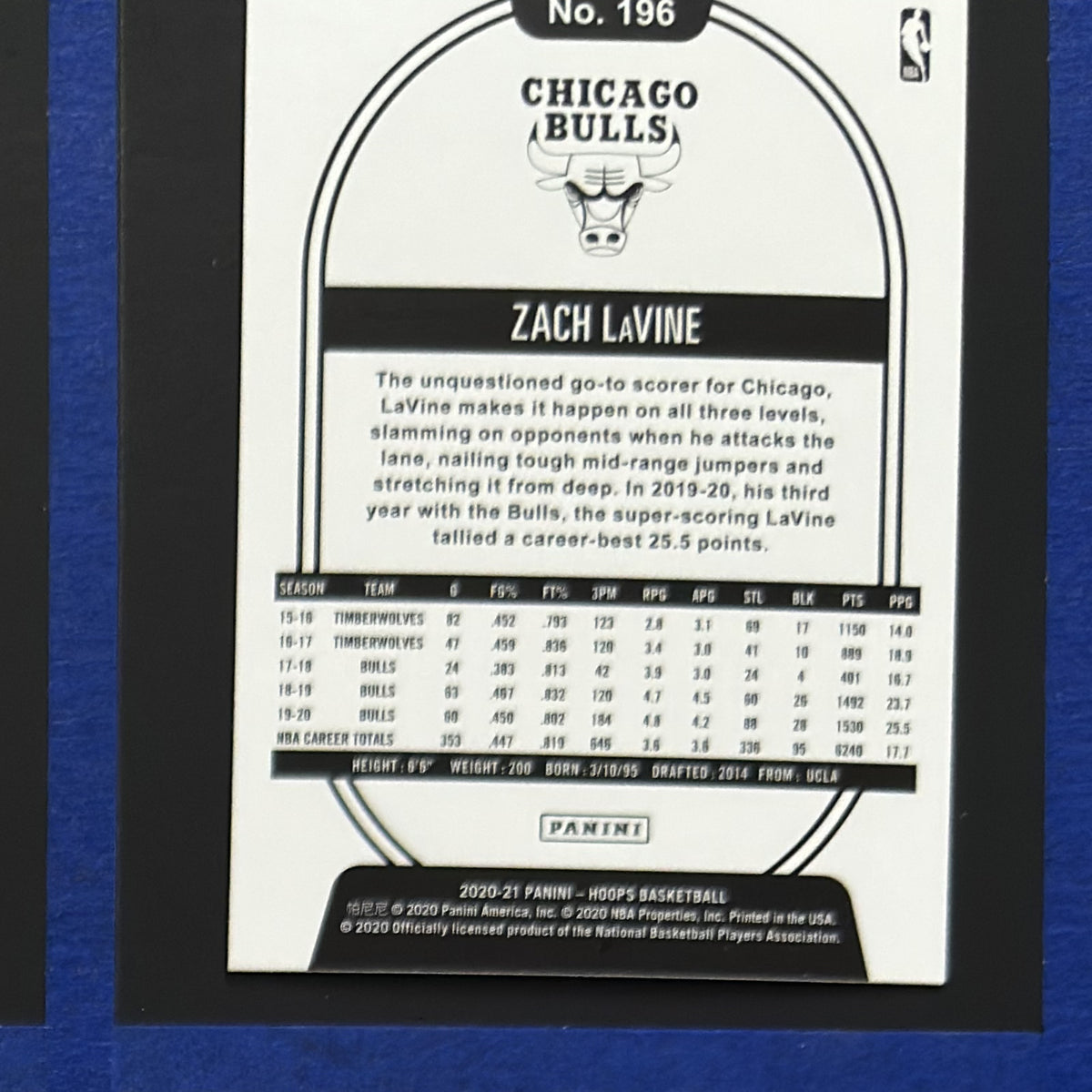 2020-21 Panini NBA Hoops Purple Explosion Zach LaVine #196 — back view
