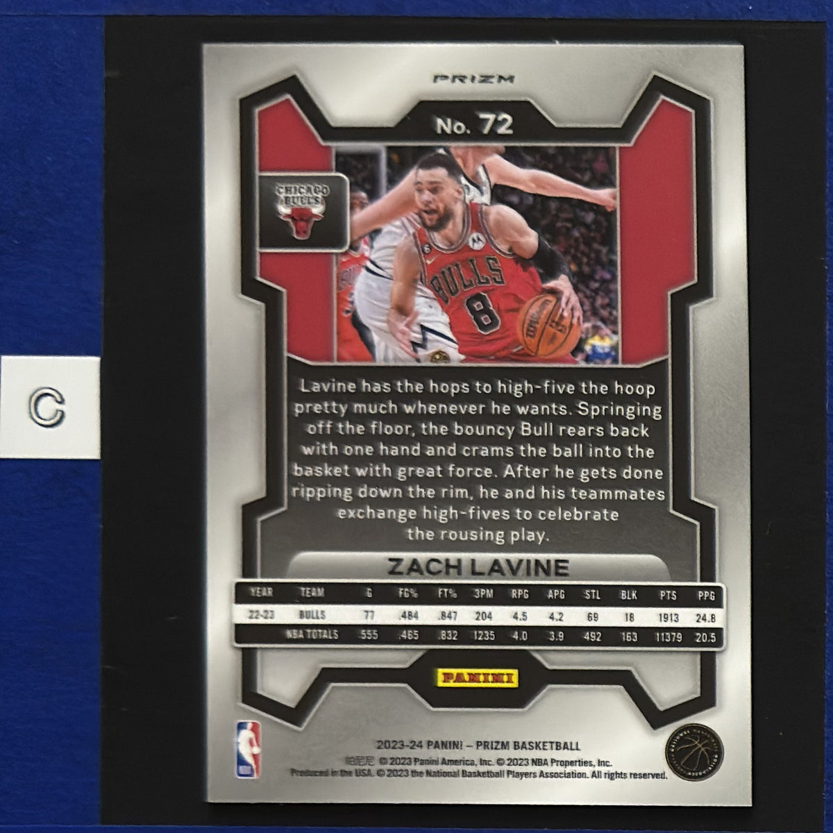 2023-24 Panini Prizm Red White Blue Zach LaVine #72 — back view
