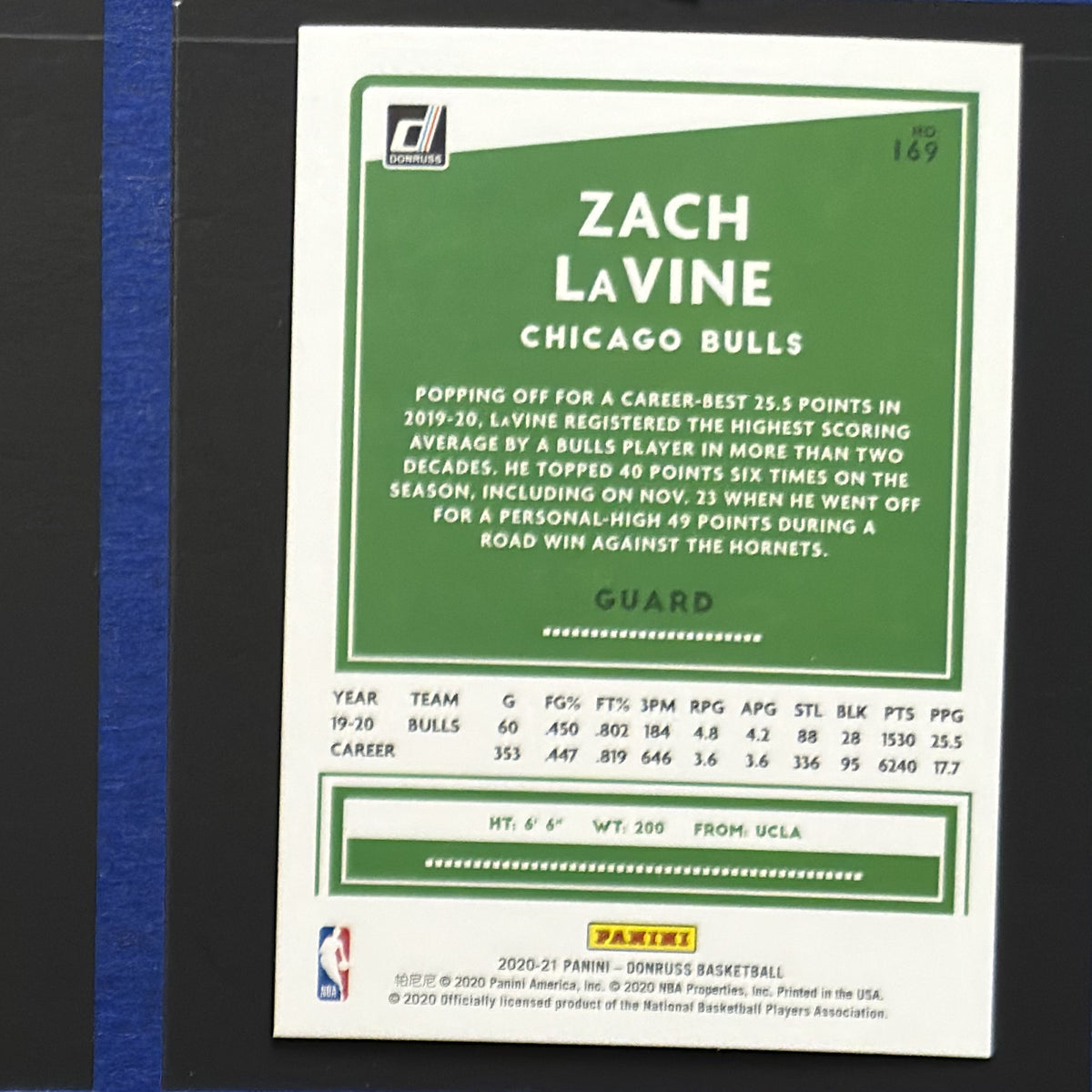 2020-21 Panini Donruss Yellow Flood Zach LaVine #169 — back view